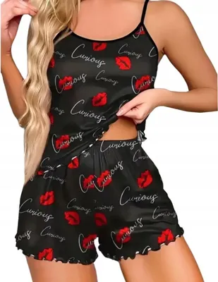 Immagine prodotto di Set pigiama - Pigiama da notte da donna - Camicia da notte e pantaloncini - Fantasia a rose - Taglia unica - Rosso e nero