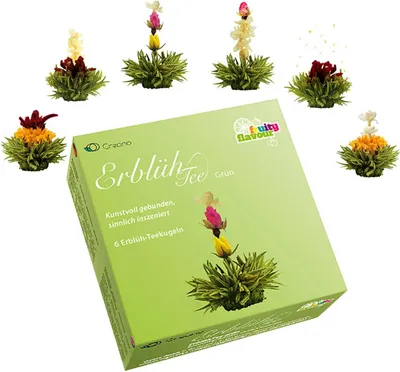 Produktbild von Creano Teeblumen Mix – Erblühtee Fruity Flavor zum Probieren - grüner Tee fruchtig aromatisiert (6 verschiedene Sorten Teerosen) Blooming Tea Tee Geschenk für Frauen, Mutter, Teeliebhaber