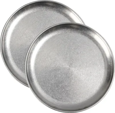 Two silver plates are shown from a diagonal angle against a white background.