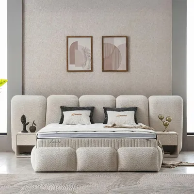 Produktbild von Boxspringbett Lowen 180 x 200 cm mit 2 Nachtkonsolen Beige Voll-orthopädisches Komfortbett mit Bettkasten, inkl. Lieferung und Montage