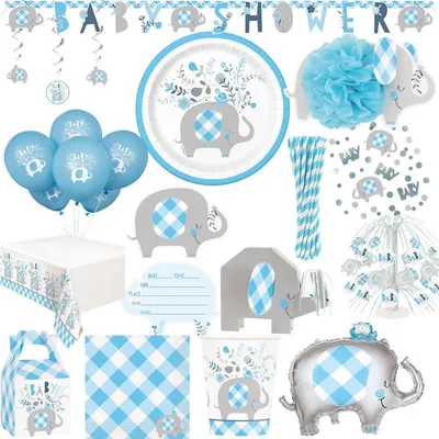 Produktbild von XL Partyset Baby Shower Junge hellblau blau Geburt Elefant Party Deko Dekoration