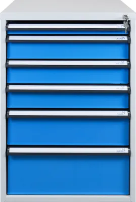 Produktbild von Schubladenbox mit 6 Schubladen für Werkbank Rhino| HxBxT 80x53x70cm | Traglast 60kg | Lichtgrau/Lichtblau