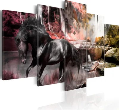 Produktbild von Leinwandbilder Tiere 200x100 cm Vlies Leinwandbild 5 tlg Kunstdruck modern Wandbilder XXL Wanddekoration Design Wand Bild - schwarzes Pferd Wasserfall wie gemalt 020116-9