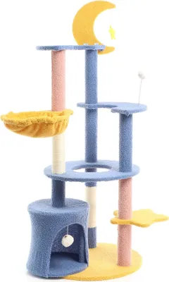 Produktbild von Fudajo Kratzbaum mit Mond und Sterne 132 cm hoch, Katzenkratzbaum in Blau/Gelb, Katzenbaum mit Katzenhaus und Liegemulde, Katzenmöbel mit Spielbälle