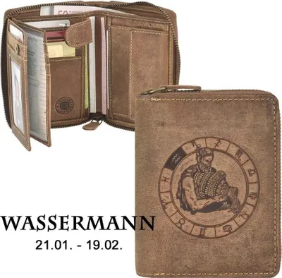 Produktbild von Greenburry Geldbörse Herren Leder braun antik Vintage mit Sternzeichen Prägung Portemonnaie mit Reißverschluss 821A-WASSERMANN