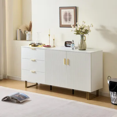Image de Buffet - 160 cm - 2 portes et 3 tiroirs - Poignées en aluminium doré - Pieds robustes en acier