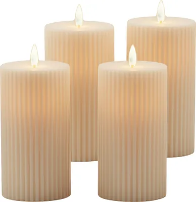 Produktbild von Relaxdays LED Kerzen 4er Set, HxD: 17,5x8 cm, flackernde Flamme, Rillen, Kunststoff, flammenlose Blockkerzen, champagner