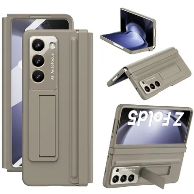 Immagine prodotto di Custodia per Samsung Galaxy Z Fold 5 Cover sottile in pelle con protezione della cerniera, protezione dello schermo integrata e supporto marrone