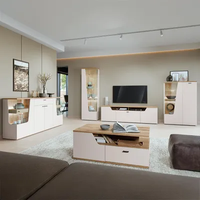 Produktbild von Wohnzimmer-Set in Kaschmir & Eiche mit Couchtisch & Sideboard, 5-teilig - CARMONA-129