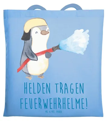 Produktbild von Mr. & Mrs. Panda Schultasche Feuerwehrmann Helden - Sky Blue - Geschenk, Tasche, Laptoptasche, mutig, Beutel, Feuerwehr, Bedanken, Geschenkidee, Jutebeutel, handgefertigt