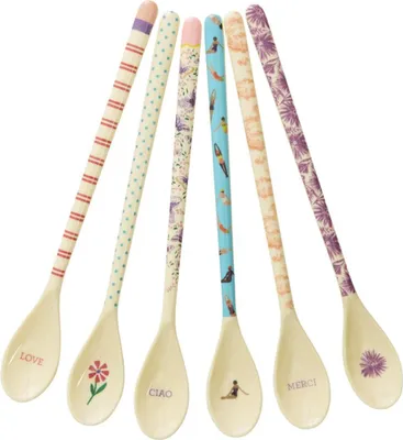 Zdjęcie produktu dla Zestaw 6 łyżeczek do latte Rice Melamine – nadruk w kropki, paski i motyle