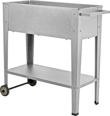 A galvanized metal raised garden bed with a shelf and wheels, shown against a white background.