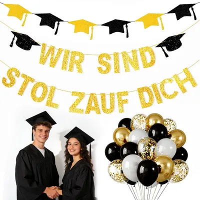 Abschluss-Deko Set 32-tlg., Ballons 12 Zoll, Schwarz Gold Weiß