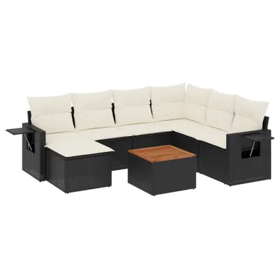 Produktbild von 8-tlg. Garten-Lounge-Set, modular mit Stauraum, wasserabweisende Beutel, Poly Rattan Schwarz, Akazienholz-Tisch, Cremeweiße Kissen