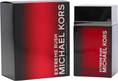 Michael Kors Extreme Rush Men Eau de Toilette in rotem Flakon mit schwarzem Verlauf und grauer Kappe, daneben die passende rote Verpackung