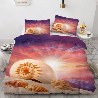 Zdjęcie produktu dla Komplet pościeli "Plaża", motyw muszelek, 220x240 cm, 3-częściowy, wykonany z mikrofibry, z zamkiem błyskawicznym, trójwymiarowy wzór