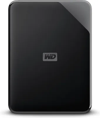 A black external hard drive with a WD logo in the center, presented on a white background.