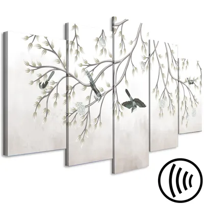 Produktbild von Akustikbild Baum 200x100 cm Bilder Akustikschaum Hochleistungsschallabsorber Schallschutz Leinwand 5 tlg Wandbild Raumakustik Schalldämmung Vögel Natur wie gemalt beige b-C-10065-b-a