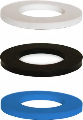 Three rubber washers, one white, one black, and one blue, are stacked on a white background.