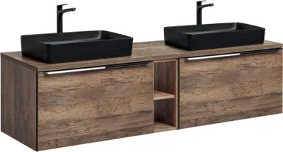 Image de Ensemble de salle de bain VANTA chêne : meubles sous vasque 180cm + plan vasque + 2 vasques noires à poser