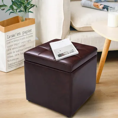 Produktbild von GOPLUS Sitzhocker mit Stauraum, Aufbewahrungshocker mit Deckel, Sitzwürfel, Aufbewahrungsbox aus Holz, Polsterhocker 40x40x40cm, bis zu 300kg, Braun