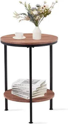 Produktbild von Unyqoos® Runder Beistelltisch – kleiner Wohnzimmertisch aus MDF mit 3D‑Papier, braun, schwarz pulverbeschichtetes Gestell, Retro‑Industriestil, 40 x 40 x 60 cm