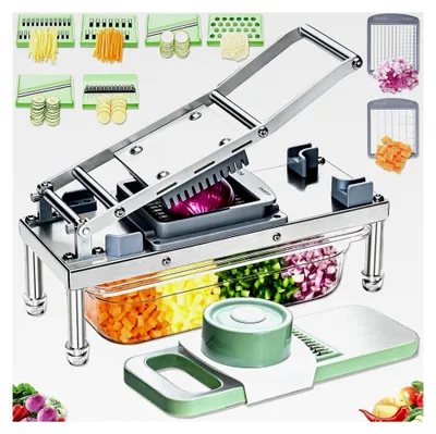 Produktbild von Gemüseschneider aus Edelstahl mit 8 Klingen und Behälter, Lebensmittelschneider und Reibe Mandoline