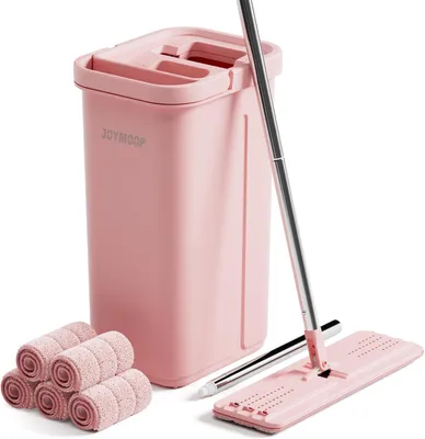 Productafbeelding van Platte dweil met emmer en wringer, roze, handsfree set inclusief 5 microvezelpads