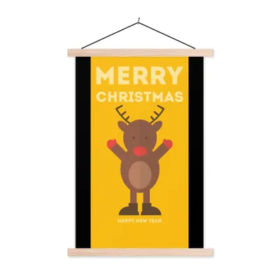 Produktbild von MuchoWow® Textilposter Weihnachten - Zitate - Illustration - Rentier - Frohe Weihnachten - Gelb 60x90 cm mit holzfarbenen Rahmen - Textil