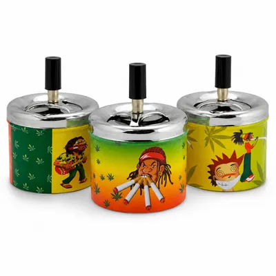 Produktbild von 3er Set Rasta Drehaschenbecher – Metall Aschenbecher mit Deckel, 3 Designs