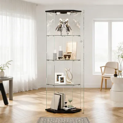 Image de Vitrine réfrigérée en verre avec éclairage LED, vitrine pentagonale, meuble vitrine à une porte et 4 étagères, en verre trempé, vitrine pour collectionneurs, dimensions : 162 x 60 x 40 cm, couleur noire, avec éclairage LED