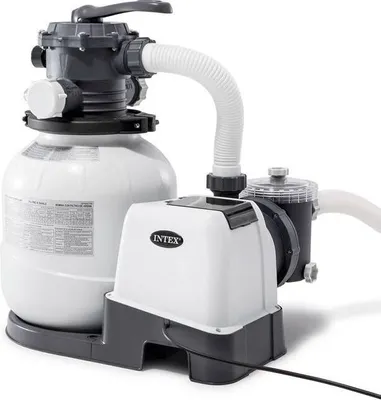 A white and gray Intex sand filter pump system is shown against a white background.