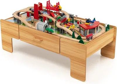 Imagen del producto de Juego de tren con mesa de juego y 100 accesorios, set de vías de tren, tren de madera, juego de tren para niños a partir de 3 años