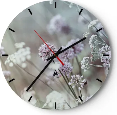 Produktbild von Wanduhr - Rund - Glasuhr - Wiese Knoblauch Blume - 40x40cm - Schleichendes Uhrwerk - Lautlos - zum Aufhängen bereit - Dekoration Modern - Wanddekoration aus Glas - C3AR40x40-4177