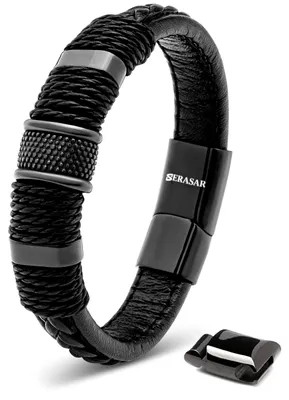 Immagine prodotto di SERASAR | Bracciale da uomo in vera pelle premium [anello] con confezione regalo e chiusura in acciaio inossidabile | Colore: Nero | Lunghezza: 17 cm