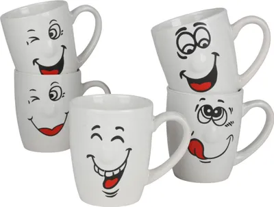 Image de Lot de 12 tasses à café « Smile » 300 ml, tasses à thé 0,3 L, pour le bureau ou les fêtes, avec des visages rigolos