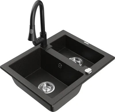 Produktbild von Mexen Carlos 1,5-Becken-Granitspüle mit Mischbatterie Elia, Schwarz/Gold metallisch - 6518-75-670101-70