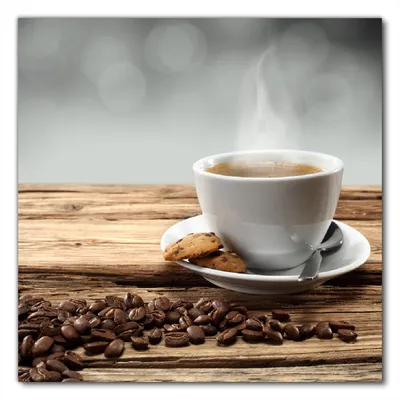 Produktbild von Wallario selbstklebende Möbelfolie/ Tischdecke für Innen und Außen, Größe: 90 x 90 cm - Heiße Tasse Kaffee mit Kaffeebohnen