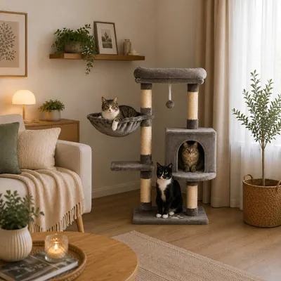 Produktbild von belviona Katzenkratzbaum 93 cm, mit Höhle, Liegemulde, Liegebett & Sisalstämmen, platzsparend, dunkelgrau, KI-generiertes Bild