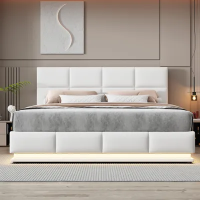 Produktbild von Flieks Hydraulisches Boxspringbett 180x200cm, Polsterbett mit Stauraum und Led, Doppelbett mit Lattenrost, Stauraumbett Jugendbett, Weiß