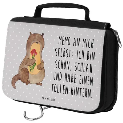Produktbild von Mr. & Mrs. Panda Waschtasche Otter Blumenstrauß - Grau Pastell - Geschenk, Selbstvertrauen, Kosmetiktasche, Necessaire, Achtsamkeit, badtasche, Kulturtasche, Positiv, Süß