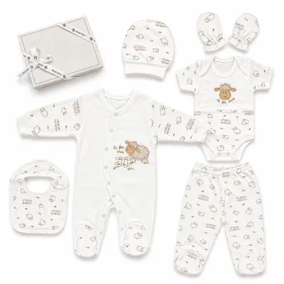 Produktbild von Blue Eyes Baby Geschenk Set 6-teilig, 100% Baumwolle, , geborenen Erstausstattung 0–4 Monate, Lamm