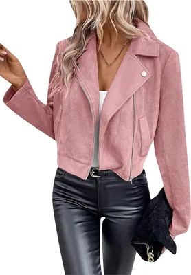 Produktbild von ASKSA Damen Faux Wildleder Biker Moto Jacke Langarm Reissverschluss Kurze Freizeitmaentel Outwear,Rosa,L