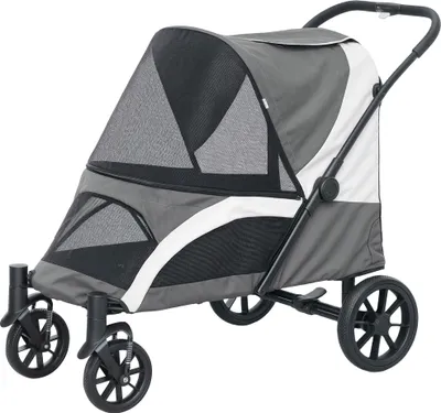 Produktbild von Hundewagen, Faltbarer Hundebuggy für große Hunde, Haustierwagen mit 4 Rädern, Sicherheitsleinen, Bremsen, Dunkelgrau