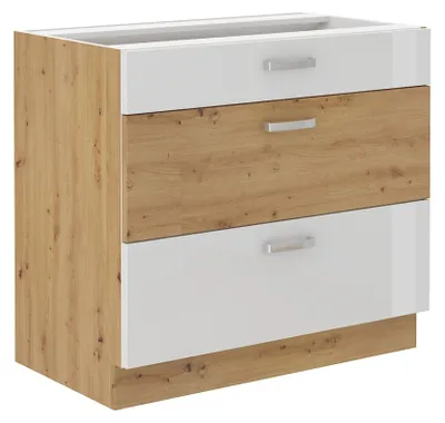 Produktbild von Küchen Unterschrank 80 cm Eiche Artisan + Weiß Hochglanz Vollauszug Soft-Close