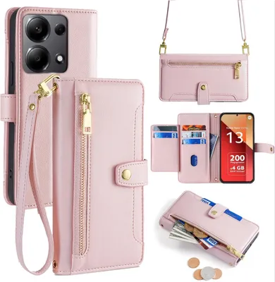 Produktbild von Handykette Xiaomi Hülle mit Band Handyhülle Kartenfächer Kunstleder Umhängetasche Redmi Note 13 Pro 4G Rosa