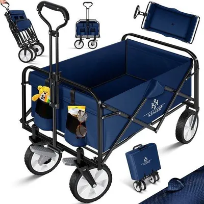 Produktbild von Famanu Bollerwagen faltbar mit integrierten Netztaschen und Gummireifen - Blau