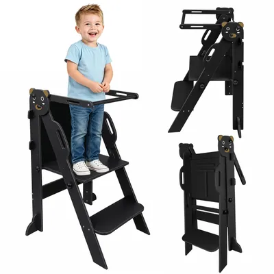 Produktbild von Lernturm Klappbar mit Tafel,Learning Tower,Kippschutz Kindermöbel für Kinder,Montessori Küchenhelfer Stehhilfe für Küche/Arbeitsplatte 43x35x80cm