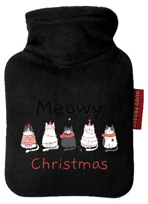 Produktbild von Huuraa Mini-Wärmflasche Meowy Christmas Katzen 0,2 Liter Black Mini Veloursbezug Taschenwärmer Geschenkidee