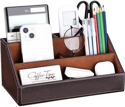 Image de Organiseur de bureau en cuir, pochette à 5 compartiments, marron
